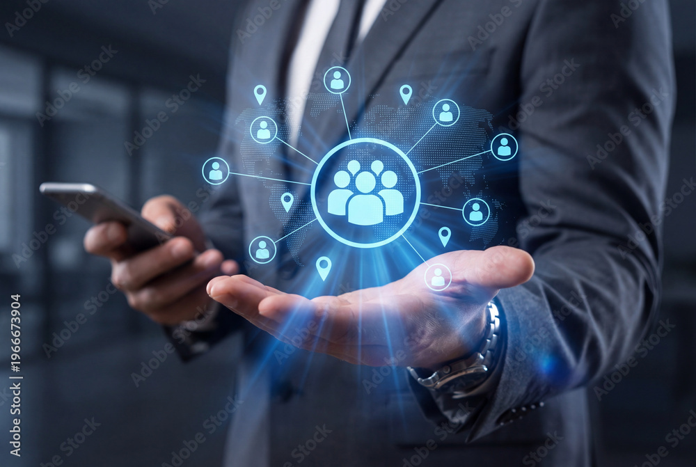 Fototapeta premium Businessman holding hand with glowing social network communication icon
