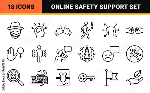 Cyberbullying and Social Harassment Awareness Icons Featuring Ultra Minimalist Monoline Geometric Line Art for Digital Safety