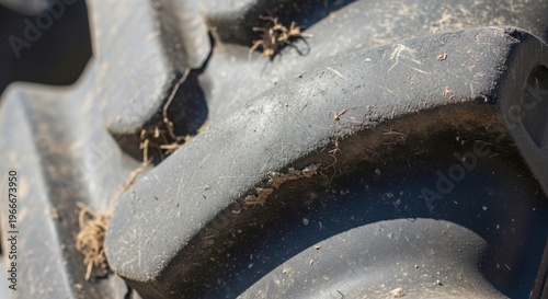 Close-up of tractor tire showing dirt and spider in agricultural setting. Tractor tire features unique tread pattern with subtle dirt and spiderweb details highlighting rural environment.