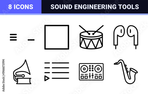 Audio Equipment and Music Production Minimalist Monoline Geometric Line Art Set for Digital Media and Sound Engineering Interfaces