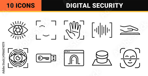 Biometric Authentication Security Line Art Symbols Featuring Fingerprint Facial Recognition and Digital Identity Protection Monoline Geometry