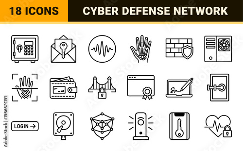 Cyber Security and Digital Authentication Monoline Icon Set featuring Biometric Access, Network Encryption, and Electronic Identity Systems