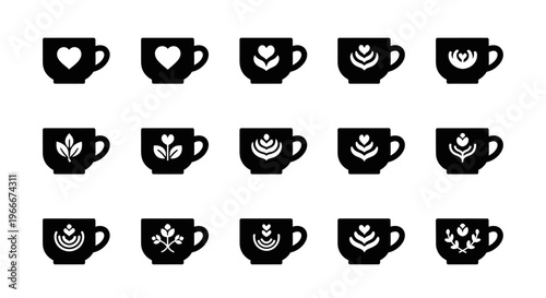 Set of minimalist coffee cup icons with latte art hearts and leaf patterns isolated on white background for cafe branding morning drink concepts and design