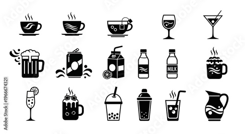 Beverage icons set featuring coffee cup tea mug wine glass beer stein soda can milk bottle juice box cocktail and bubble tea isolated on white background vector