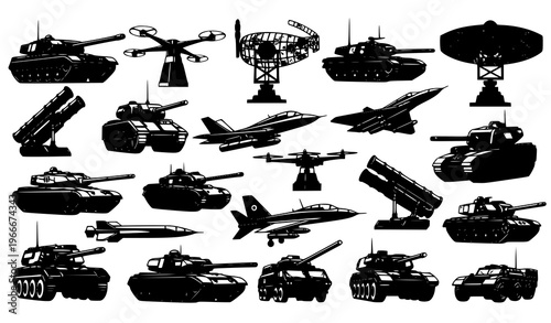 Military equipment icon set vector silhouettes tanks jets drones radar