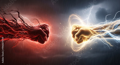 Two powerful clenched fists glowing with mysterious supernatural energy facing each other in a symbolic battle of evil versus good competition and spiritual conflict within a dark background.