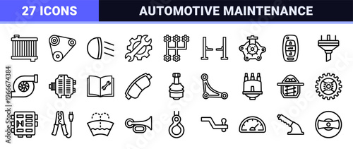 Automotive Repair and Car Maintenance Line Art Symbols Featuring Minimalist Monoline Aesthetic for Professional Garage and Workshop Utility.