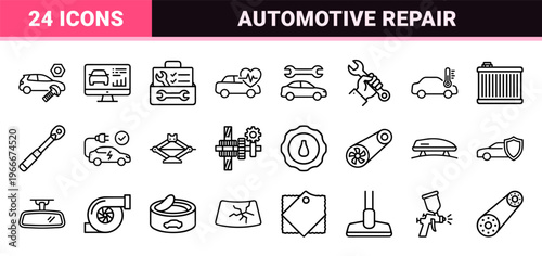 Automotive Maintenance and Car Repair Service Minimalist Monoline Line Art Set for Professional Workshop Digital Interfaces