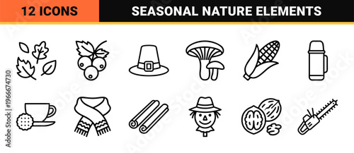 Autumn Nature and Seasonal Harvest Elements Minimalist Monoline Geometric Line Art for Commercial Web and Interface Design Utility