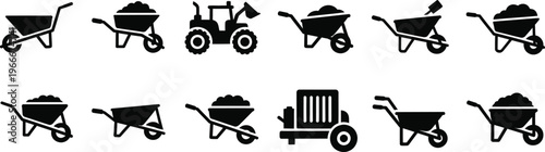 Wheelbarrow and tractor icons: construction, gardening, agriculture, heavy equipment, construction site