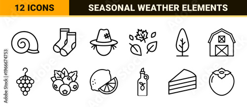 Autumn Seasonal Line Art Collection featuring Harvest Festival Elements and Cozy Weather Symbols in Minimalist Geometric Style.