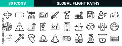 Commercial Aviation and Global Aerospace Logistics Monoline Outlines for Professional Airport Wayfinding and Digital Flight Tracking Interfaces