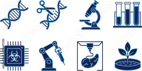 biotechnology gene editing icons dna crispr microscope laboratory automation medical research bioengineering science vector illustration set futuristic design