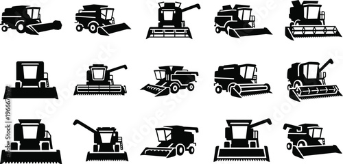 Combine harvester icons: agricultural machines for grain harvesting collection with black and white