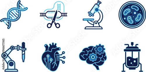 biotechnology medical research icons dna gene editing microscope laboratory ai healthcare science vector illustration futuristic bioengineering design set