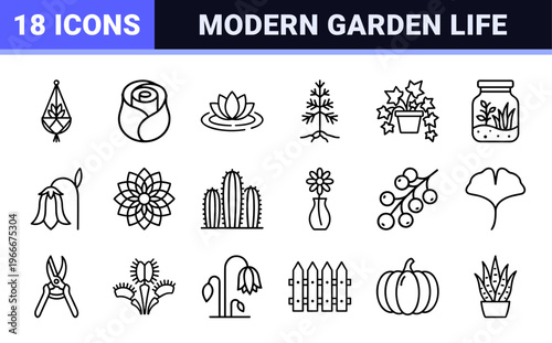 Botany and Horticulture Monoline Icons with Minimalist Geometric Line Art Aesthetics for Commercial Sustainable Design Projects