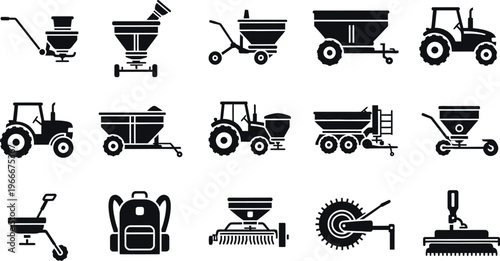 Fertilizer spreader and tractor icons: agricultural equipment for farm fields with black and white