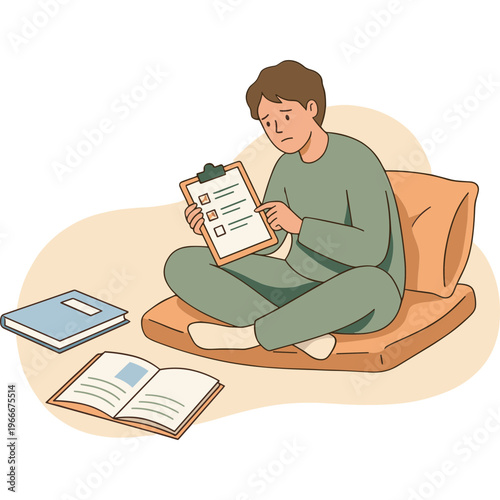 A man sits cross-legged on an orange cushion reading a clipboard with books nearby.