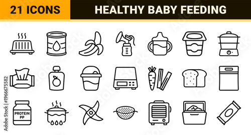 Infant Nutrition and Baby Food Preparation Minimalist Outline Icon Set Featuring Feeding Supplies, Formula, and Healthy Puree Symbols