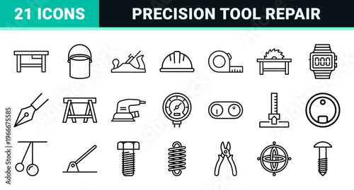 Technical Monoline Craft and Precision Instrument Outline Icons Featuring Carpentry Tools and Horology Elements in Minimalist Geometric Style