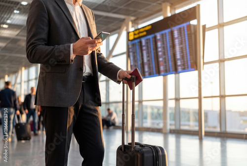 Businessman using smartphone at airport terminal gate with luggage and passport
