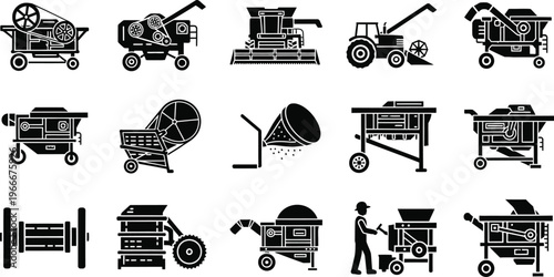 Agricultural farm machinery collection - vintage and modern equipment icons with black and white with line art
