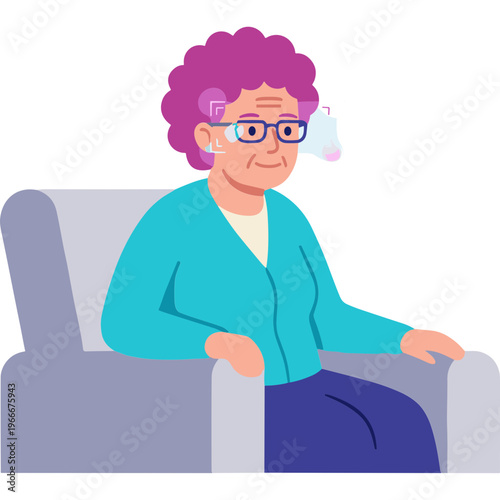 Elderly woman sits on couch wearing eyeglasses and looking concerned