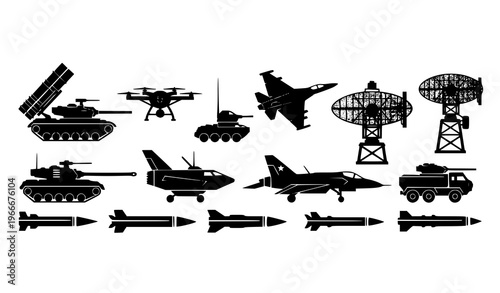 Warfare silhouette vector collection tanks drones missiles jets military set