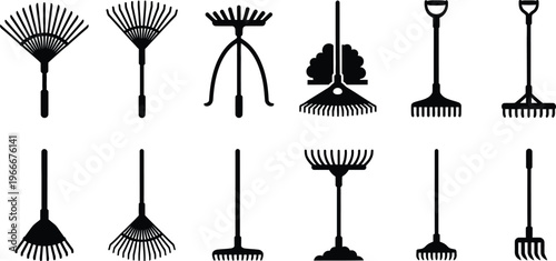 Garden rake collection - tools for yard work and landscaping with hand tool with black and white