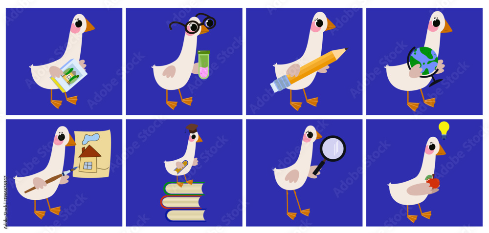 Fototapeta premium Set of eight cute cartoon baby geese students with different school items on blue background for educational posters and kids classroom decor