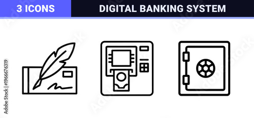 Banking and Digital Finance Management Icon Set featuring Minimalist Monoline Geometric Line Art for Commercial Stock Design Projects.