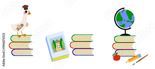 Educational set with baby goose graduate on books globe and school stationery for university celebration and children academic success designs