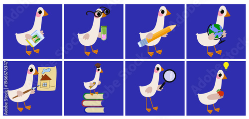Set of eight cute cartoon baby geese students with different school items on blue background for educational posters and kids classroom decor