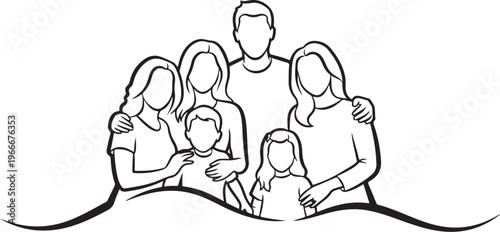 Simple line drawing of a happy family together smiling