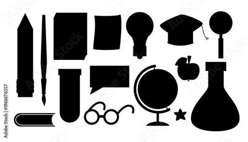 Collection of black silhouettes of school supplies including pencil globe books and graduation cap for educational icons and craft projects