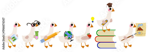 Parade of cute cartoon baby geese walking in a line carrying school supplies like pencil books and globe for education designs