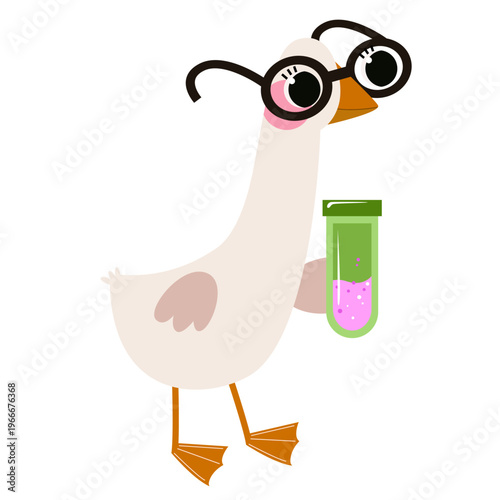 Smart cartoon baby goose character with glasses and a science test tube for kids education and learning designs