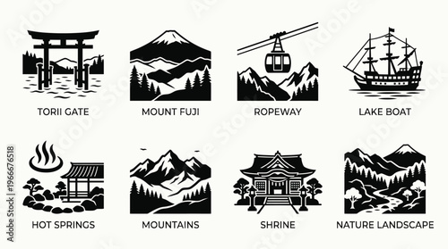 Hakone Landmarks and Natural Retreat Silhouette Vector Icon Set – Scenic Vectors Featuring Mount Fuji, Torii Gate, Ropeway, Hot Springs, and Lake Boats in Minimalist Black Profiles
