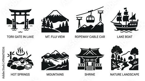 Hakone Landmarks and Natural Retreat Silhouette Vector Icon Set – Scenic Vectors Featuring Mount Fuji, Torii Gate, Ropeway, Hot Springs, and Lake Boats in Minimalist Black Profiles