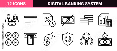 Minimalist Monoline Banking and Finance Icon Set featuring Geometric Line Art Symbols for Commercial Banking and Digital Payment Apps.