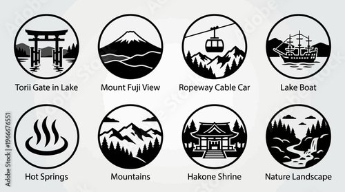 Hakone Landmarks and Natural Retreat Silhouette Vector Icon Set – Scenic Vectors Featuring Mount Fuji, Torii Gate, Ropeway, Hot Springs, and Lake Boats in Minimalist Black Profiles