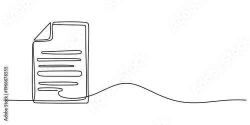 A single continuous line drawing of a document page with text lines on a plain white background. Vector, illustration