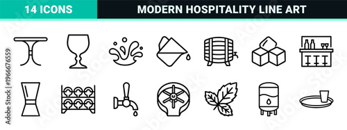 Beverage Hospitality and Mixology Service Geometric Line Art. Minimalist monoline outlines for barware, glassware, and drink menus.