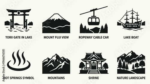 Hakone Landmarks and Natural Retreat Silhouette Vector Icon Set – Scenic Vectors Featuring Mount Fuji, Torii Gate, Ropeway, Hot Springs, and Lake Boats in Minimalist Black Profiles