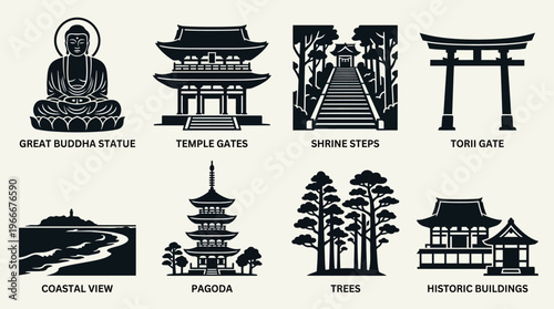 Kamakura Landmarks and Coastal Heritage Silhouette Vector Icon Set – Peaceful Vectors Featuring Great Buddha, Torii Gate, Pagoda, Coastal Views, and Temple Steps in Minimalist Black Profiles