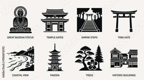 Kamakura Landmarks and Coastal Heritage Silhouette Vector Icon Set – Peaceful Vectors Featuring Great Buddha, Torii Gate, Pagoda, Coastal Views, and Temple Steps in Minimalist Black Profiles