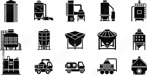 Industrial silos and tanks vector icons set for manufacturing and storage with black and white