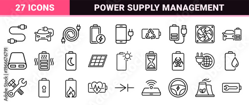 Minimalist Battery Charging and Renewable Energy Line Art Icons for Digital Interfaces and Sustainable Technology Branding Designs.