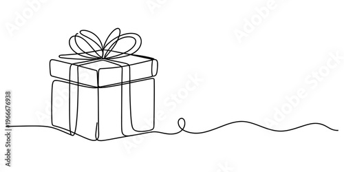 A single continuous line drawing of a gift box with a decorative bow on a plain white background. Vector, illustration