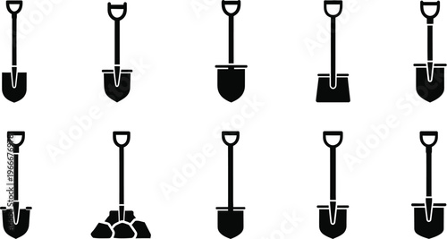 Various shovel types icons for gardening, construction, and digging tasks, black and white, hand tool